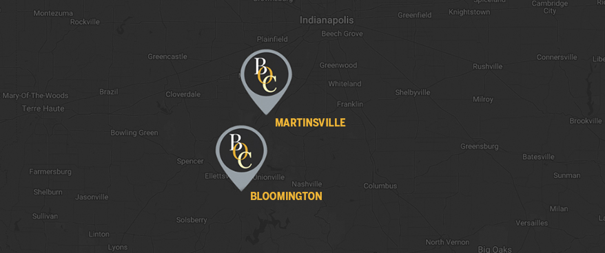 Map with Pins showcasing BOC Lawyer's Bloomington and Martinsville locations
