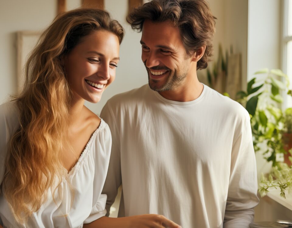 Young couple sharing domestic chores in a cohabitation relationship.