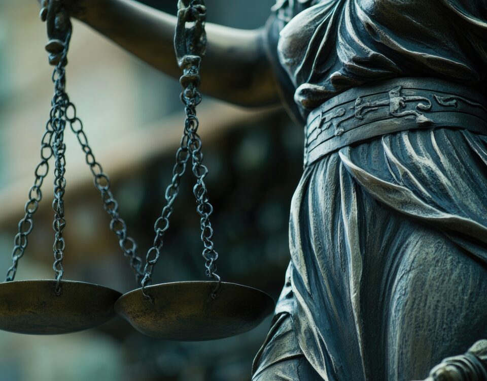 Lady Justice holding balanced scales representing criminal defense representation without bias.