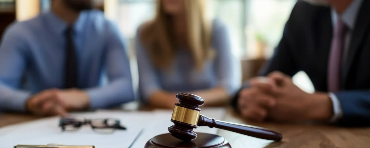 Judge's gavel sitting on a table in front of a couple discussing what happens without a will in Indiana with their attorney.